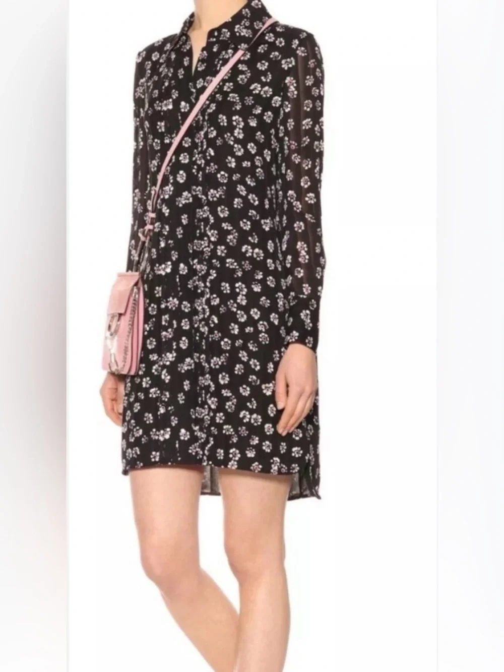 TORY BURCH Avery Silk Floral Mini Shirt Dress Black Pink Size 4 Preppy Resort